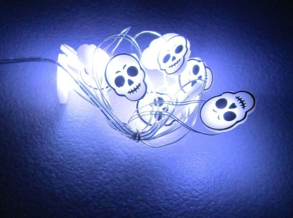 Halloween Skull LED String Lights 12 White Glow Lights Battery Operated Crafts